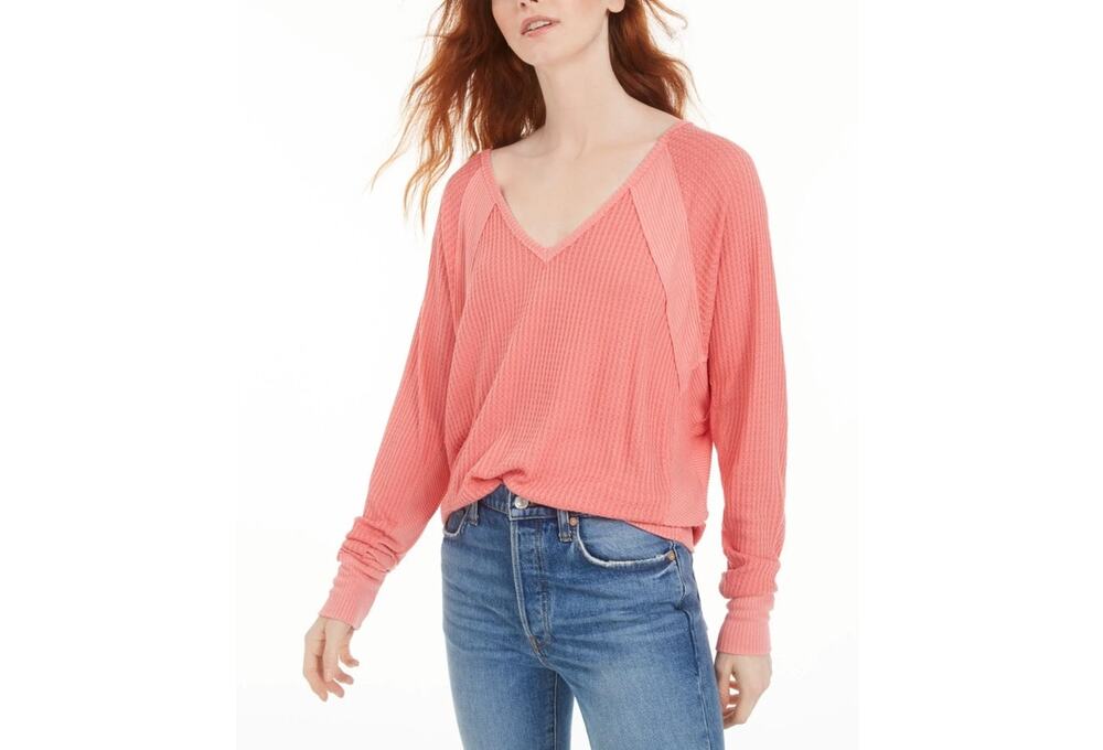 We The Free Santa Clara Thermal Coral Pullover V-Neck Oversized SZ Small